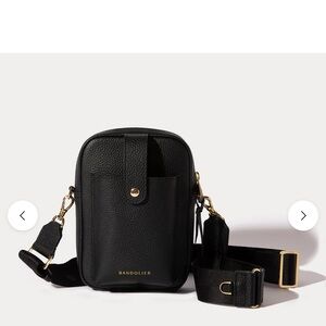 Bandolier Black Pebbled Leather Crossbody Phone Pouch with Gold Hardware